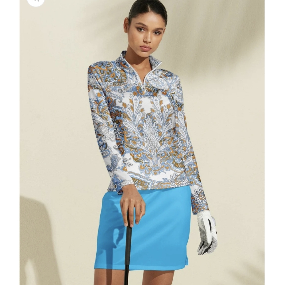 NWT ACEGOLFS Quarter Zip L/S Pullover UPF50+ Blue Paisley Multi Women's Size M